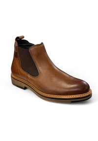 Botín Chelsea de cuero marrón con paneles laterales elásticos y una pestaña de tirón. Presenta un upper texturizado y una suela de goma contrastante con costura.