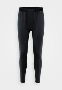 Schwarze dehnbare Leggings aus einem glatten, leichten Stoff. Sie verfügen über ein enganliegendes Design mit einem elastischen Bund und einer vertikalen Nahtdetail.