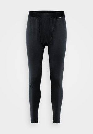 Black stretch leggings made from a smooth, lightweight fabric. Features a fitted design with an elastic waistband and a vertical seam detail.