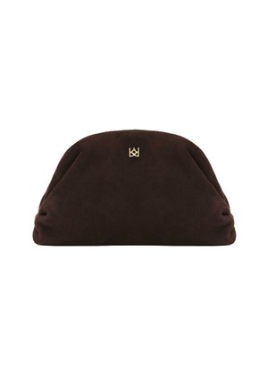 Brown suede clutch bag with a rounded, gathered design and a gold logo accent on the front. Soft texture and smooth surface.