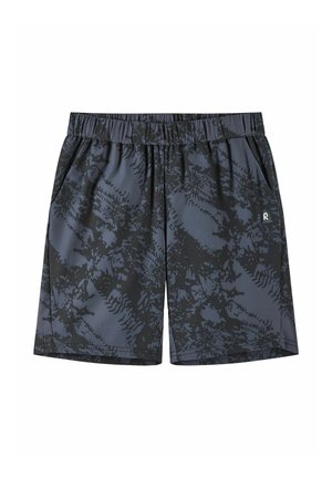 Ciemnoszare szorty z czarnym abstrakcyjnym wzorem, elastycznym paskiem w talii, bocznymi kieszeniami i małym logo na prawej nogawce.