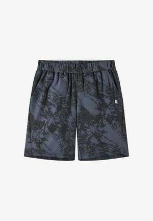 Ciemnoszare szorty z czarnym abstrakcyjnym wzorem, elastycznym paskiem w talii, bocznymi kieszeniami i małym logo na prawej nogawce.