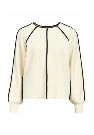 Pull léger crème avec couture contrastante noire, encolure arrondie et manches bouffantes. Fabriqué à partir d'un tissu doux et texturé.