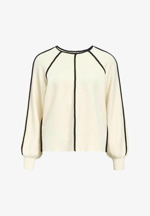 Light cream pullover sweater with black contrast stitching, round neckline, and balloon sleeves. Made from soft, textured fabric.