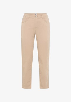 Pantaloni beige a gamba dritta con tasche frontali, passanti per cintura, chiusura con bottone e cuciture visibili su sfondo bianco.