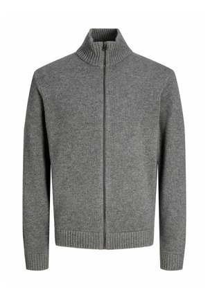 Szürke, cipzáras pulcsi magas gallérral, bordázott mandzsettákkal és alsó szegéllyel. Simább, kötött anyagból készült, minimális varrásokkal és letisztult dizájnnal.