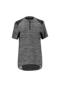 Kortärmad träningslinne i mörkgrått med en melerad textur, med en kvart dragkedja och svarta axelaccenter.