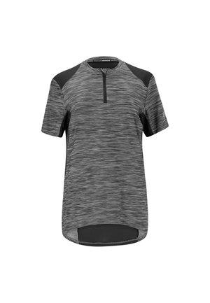 Haut de sport à manches courtes en gris foncé avec une texture chinée, doté d'une fermeture éclair quart de longueur et d'accents noirs sur les épaules.