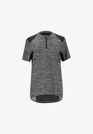 Haut de sport à manches courtes en gris foncé avec une texture chinée, doté d'une fermeture éclair quart de longueur et d'accents noirs sur les épaules.