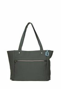 Sac fourre-tout gris en tissu doux, doté de deux longues poignées, d'une poche zippée à l'avant et d'une petite étiquette bleue sur le côté.