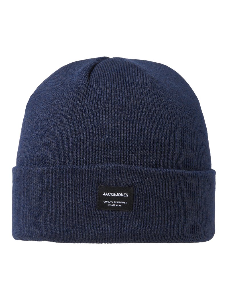 Cappello di maglia blu navy con risvolto, dotato di un'etichetta nera con testo bianco. Il materiale presenta una texture a costine per garantire calore.
