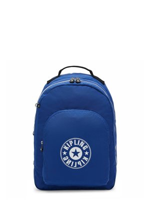 Zaino Kipling blu con tasca frontale con zip, logo rotondo e maniglia superiore, mostrato su sfondo bianco.