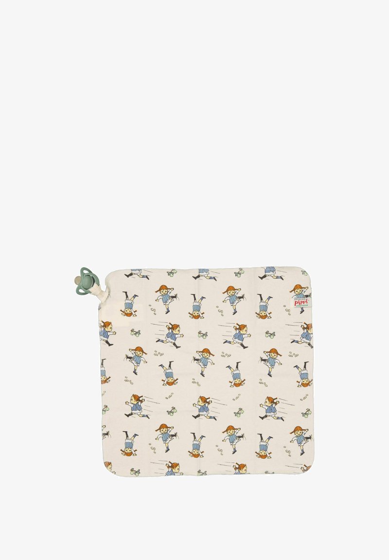 Couverture douce en tissu crème pour bébé, ornée d'un motif avec une fillette aux cheveux roux portant une robe bleue, des lunettes éparpillées, et un attache-sucette vert fixé.