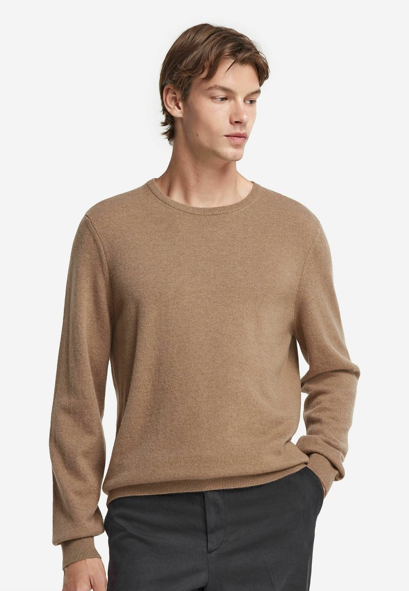 Brauner, leichter Strickpullover mit Rundhalsausschnitt und langen Ärmeln, der eine glatte Textur und gerippte Bündchen aufweist. Einfaches Design, keine Muster.