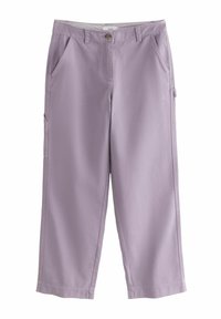 Pantaloni larghi in lavanda realizzati in tessuto misto cotone, dotati di due tasche frontali, chiusura con bottone e una vestibilità casual e rilassata.