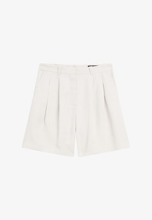 Lichtbeige geplooide shorts van textuurstof. Bevat een tailleband met riemlussen en een ritssluiting voor sluiting.