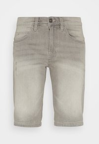 Shorts in denim grigio con una finitura sbiadita, dotati di chiusura con bottone, design a cinque tasche e gamba dritta. Tessuto testurizzato con segni di usura leggeri.