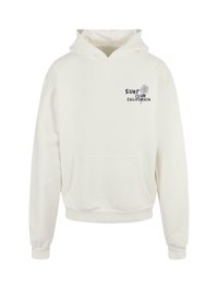 White hooded sweatshirt featuring a front pocket, ribbed cuffs, and a printed design with "SURF CLUB CALIFORNIA" and a palm graphic.