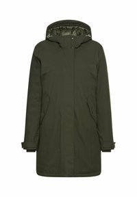 Olivengrøn parka-jakke med hætte, lynlåslukning foran, to sidelommer og justerbare manchetter. Glat, slidstærkt stof med et strømlinet design.