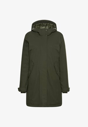 Olivgrüne Parkajacke mit Kapuze, Reißverschluss vorne, zwei Seitentaschen und verstellbaren Manschetten. Glattes, langlebiges Material mit einem stilvollen Design.
