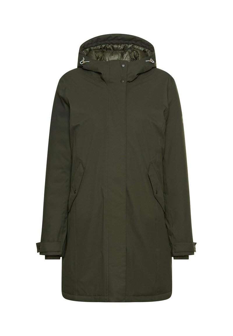 Olivengrøn parka-jakke med hætte, lynlåslukning foran, to sidelommer og justerbare manchetter. Glat, slidstærkt stof med et strømlinet design.