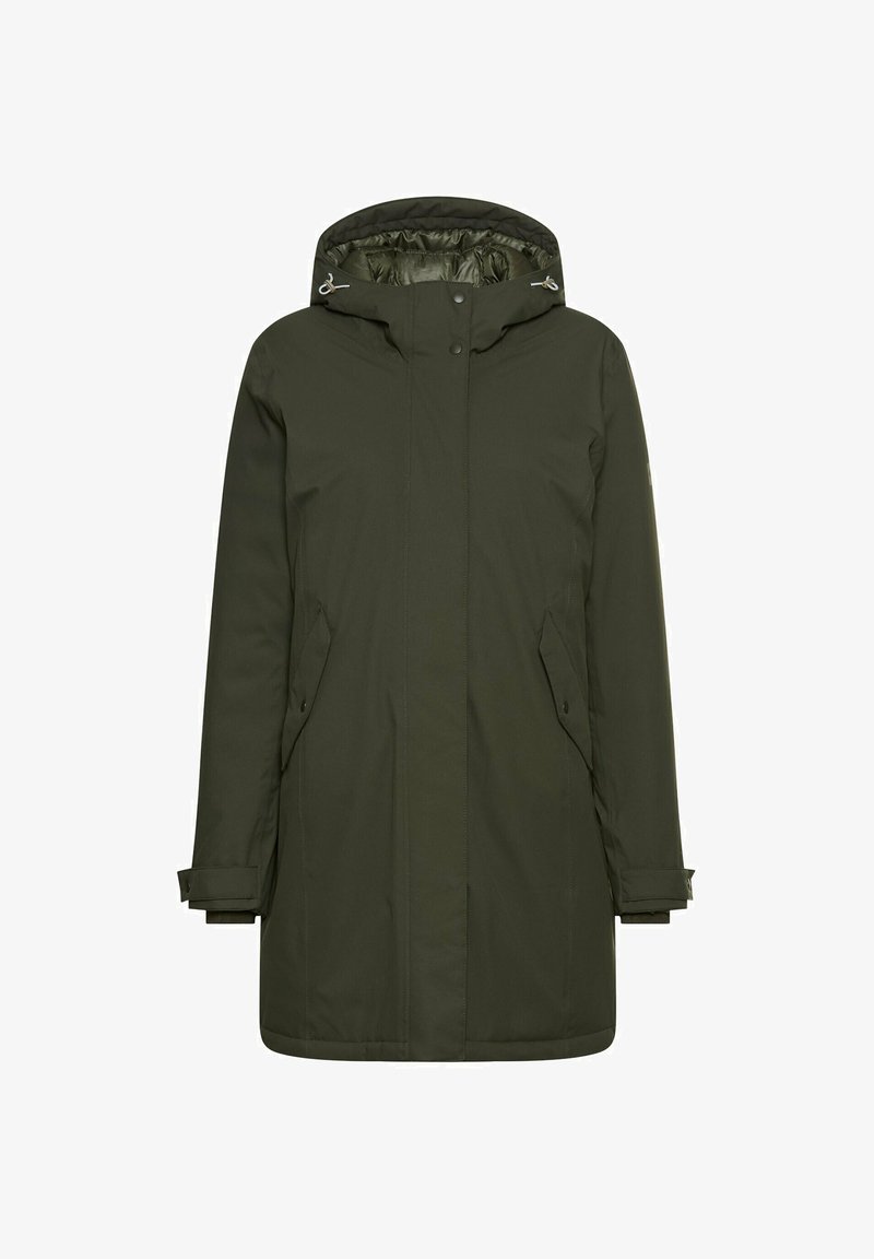 Olivengrøn parka-jakke med hætte, lynlåslukning foran, to sidelommer og justerbare manchetter. Glat, slidstærkt stof med et strømlinet design.