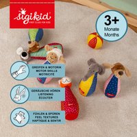 Soft plush toys in varied colors (blue, red, yellow) with textured patterns and animal shapes. Includes a small colorful ball.