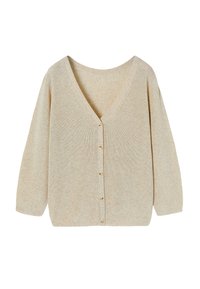 Beige kötött kardigán V-nyakkal, hosszú ujjakkal és hat aranyszínű gombból álló sorral az elején. Texturált anyag, puha megjelenéssel.