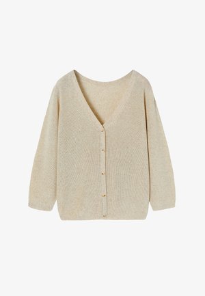 Cardigan beige in maglia con scollo a V, maniche lunghe e una fila di sei bottoni dorati sul davanti. Tessuto texturizzato con un aspetto morbido.