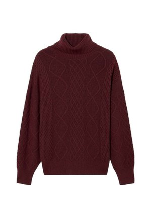 Maglione dolcevita color bordeaux, con motivi a trecce testurizzate, spalle scese e polsini e orlo a coste. Materiale morbido e caldo.