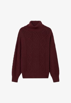 Bordeauxroter Rollkragenpullover mit strukturierten Zopfmuster, überschnittenen Schultern sowie gerippten Bündchen und Saum. Weiches, warmes Material.