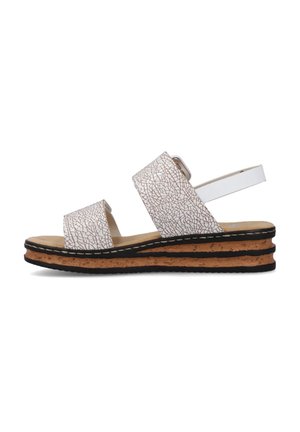 White wedge sandal with crackled texture, featuring two wide straps and a narrow ankle strap, a cork midsole, and black outsole.