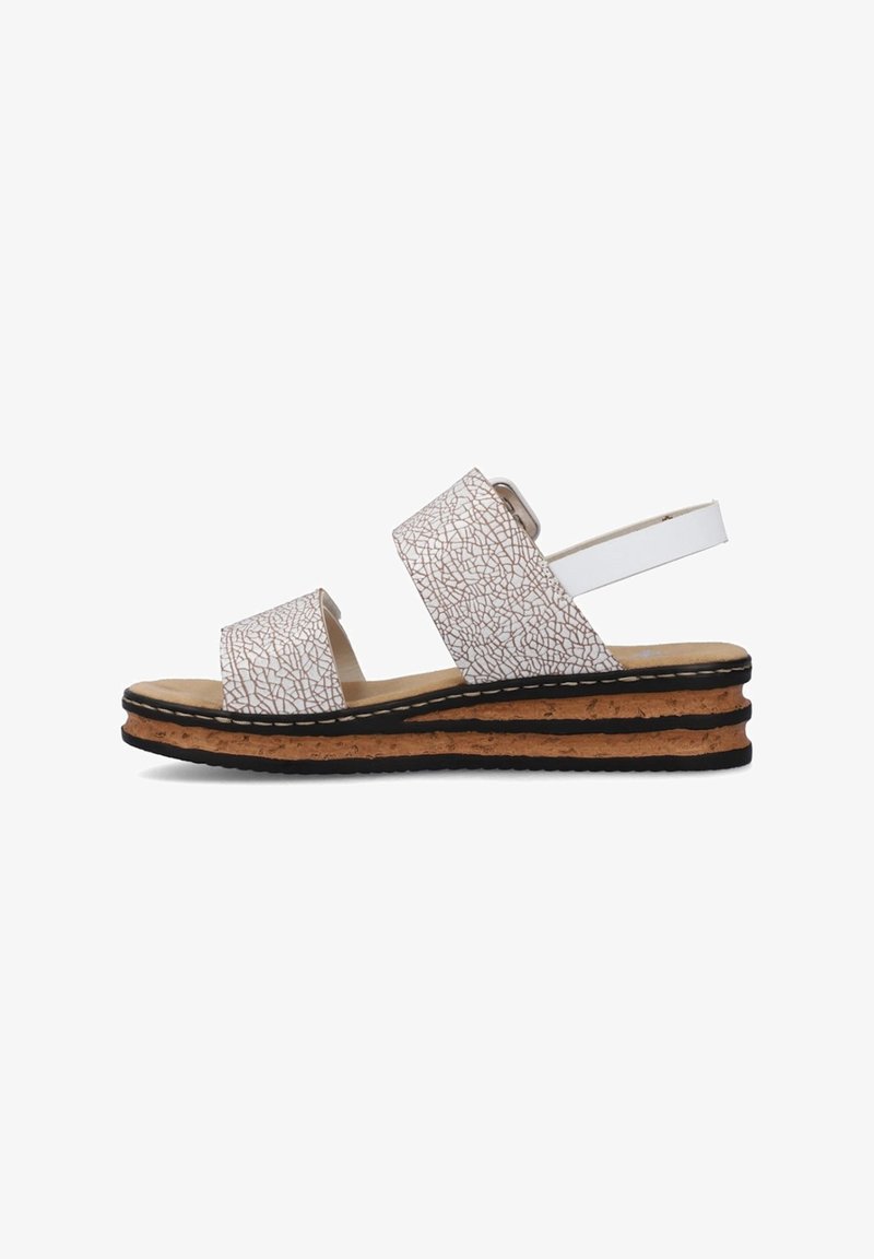 White wedge sandal with crackled texture, featuring two wide straps and a narrow ankle strap, a cork midsole, and black outsole.
