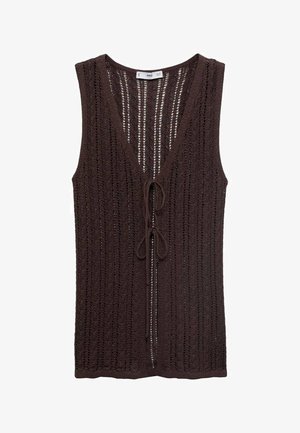 Pantaloni marroni in maglia con scollo a V profondo, righe verticali e chiusura a cravatta frontale. Leggero, texture a trama aperta.