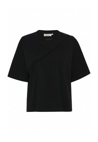 Sort kortærmet T-shirt med et unikt diagonaldesignelement foran, fremstillet af blødt, let bomuldsstof.