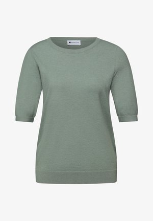 Pull en maille vert à manches courtes avec col rond et poignets et ourlet côtelés, étiquette Street One.