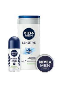 NIVEA Men Sensitive PROTECT Roll-On, Sensitive 3-in-1 Duschgel-Flasche und Creme in Metalldose. Blaue und weiße Verpackung, klare Etiketten.