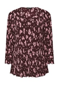 Blusa burdeos con mangas tres cuartos, que presenta un patrón floral en tonos rosas y un dobladillo plisado. Fabricada en una tela texturizada.