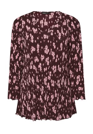 Bordeaux blouse met driekwart mouwen, met roze bloemenpatronen en een geplooide zoom. Gemaakt van textuurstof.