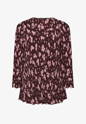 Bordeauxfarbene Bluse mit Dreiviertelärmel, die mit pinken Blumenmustern und einem plissierten Saum verziert ist. Hergestellt aus strukturiertem Stoff.