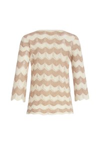 Kantgebreide top met een beige en crèmekleurig zigzagpatroon, driekwartmouwen en een ronde halslijn. Gelaagd, lichtgewicht materiaal.