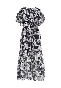 Blumen-Maxikleid in Schwarz und Weiß, mit kurzen, flatterhaften Ärmeln, einer gerafften Taille und geschichteten Rüschen am Saum. Leichter Stoff.