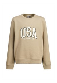 Beige sweatshirt with a crew neck. Front features "USA" and "NEW YORK CITY" in contrasting white and dark text. Soft, textured fabric.