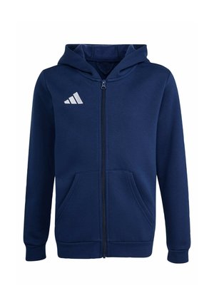 Granatowa bluza z kapturem na pełnym zamku błyskawicznym, z przednimi kieszeniami, długimi rękawami, przymocowanym kapturem i białym trójkątnym logo na lewej piersi.