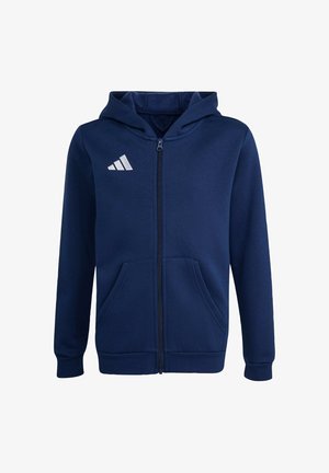Granatowa bluza z kapturem na pełnym zamku błyskawicznym, z przednimi kieszeniami, długimi rękawami, przymocowanym kapturem i białym trójkątnym logo na lewej piersi.