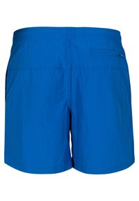 Shorts légers bleu avec une taille élastique, coutures planes et une poche arrière zippée, présentant une texture lisse et une coupe décontractée.