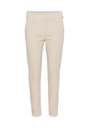 Pantalons beige ajustés en tissu lisse avec passants de ceinture, poches avant et ourlet propre aux chevilles.