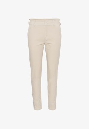 Pantalons beige ajustés en tissu lisse avec passants de ceinture, poches avant et ourlet propre aux chevilles.