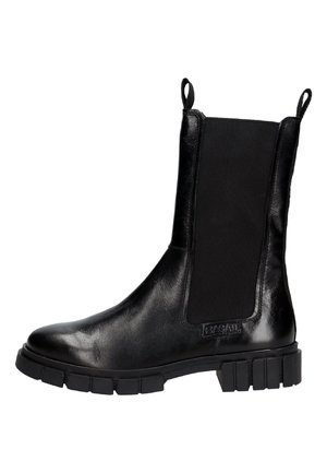 Black leather ankle boots featuring elastic panels, a rounded toe, and a chunky rubber sole with textured accents.