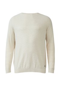 Lichtbeige lange mouw trui met een textuurpatroon, ronde halslijn en ribbels aan de manchetten. Heeft een klein logo aan de onderkant aan de linkerkant.